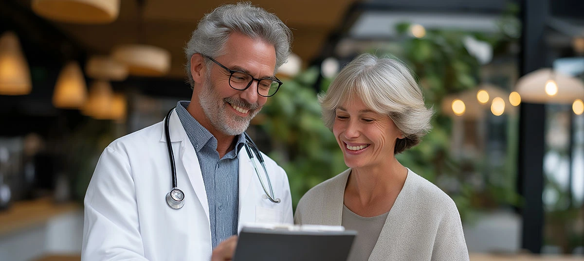  Healthcare provider discussing bioidentical hormone replacement therapy treatment options with a patient.